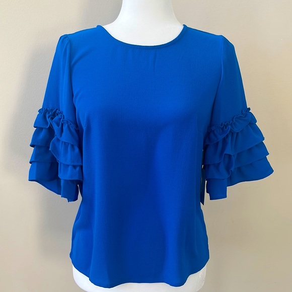CeCe Women’s Chiffon Tiered Blouse Ruffle Bell Sleeves Deep Cosmic Blue Size XS - Picture 2 of 6